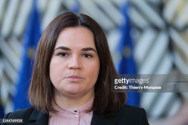 President of the Coordination Council of Belarus Sviatlana Tsikhanouskaya talks to media after a meeting with EU Foreign Affairs Ministers in the...