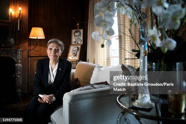 Widow of the last Shah of Iran and living in exile in France, Farah Diba Pahlavi is photographed for Paris Match on October 2, 2022 in Paris, France.