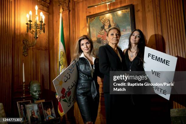 Widow of the last Shah of Iran and living in exile in France, Farah Diba Pahlavi is photographed for Paris Match with Princess Yasmine Pahlavi and...