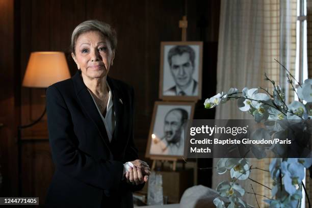 Widow of the last Shah of Iran and living in exile in France, Farah Diba Pahlavi is photographed for Paris Match on October 2, 2022 in Paris, France.