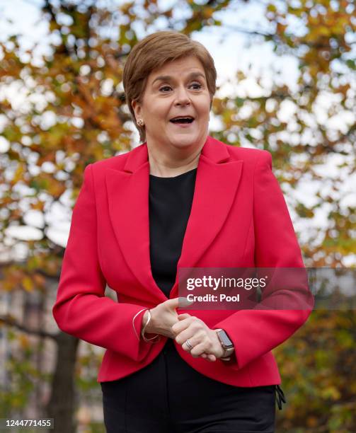 First Minister of Scotland Nicola Sturgeon speaks with the media after she received a Covid booster jab and a separate flu jab at Glasgow Central...