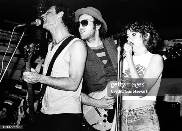 Robert Racioppo, Artie Lamonica and Annie Golden of US punk band The Shirts perform on stage at Dingwalls, London, England, in July, 1978.