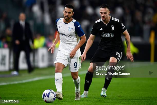 Pedro of SS Lazio is challenged by Federico Gatti of Juventus FC during the Serie A football match between Juventus FC and SS Lazio. Juventus FC won...