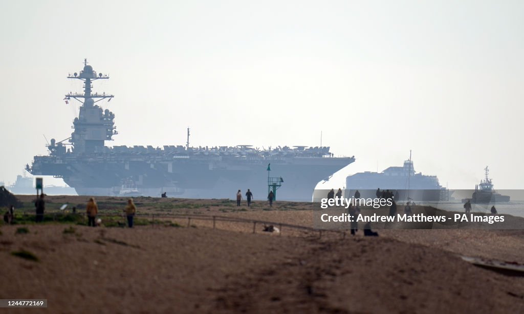 Gerald R. Ford Bridge The USS Gerald R. Ford makes it's way into Stokes Bay in the Solent ...