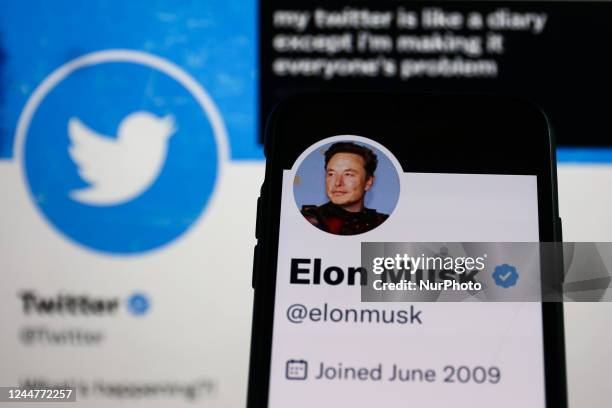 Elon Musk account on Twitter displayed on a phone screen and Twitter account on Twitter displayed on a laptop screen are seen in this illustration...