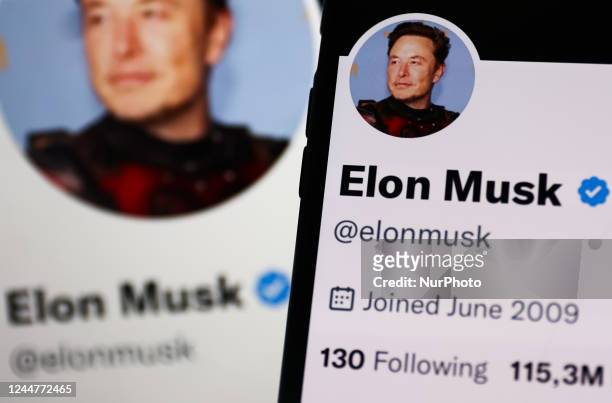 Elon Musk account on Twitter displayed on phone and laptop screens is seen in this illustration photo taken in Krakow, Poland on November 14, 2022.