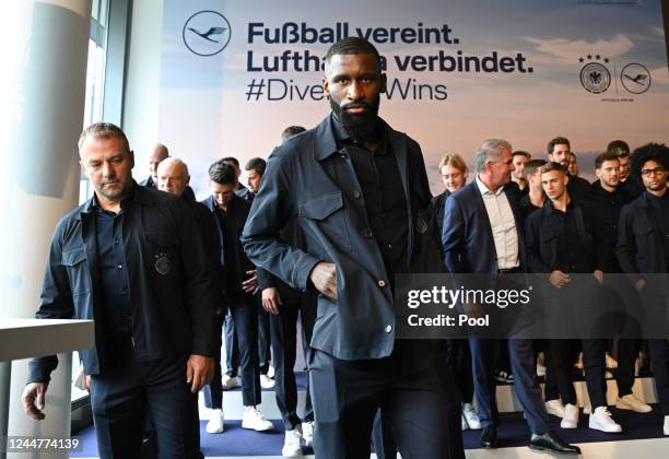 Headcoach Hans-Dieter Flick and Antonio Rüdiger of the German National Team take part in a goodbye ceremony at the Lufthansa First Class terminal at...