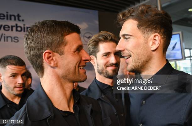 Members of the German national football team Christian Guenter, Thomas Mueller, Kevin Trapp and Leon Goretzka attend a small welfare ceremony hosted...