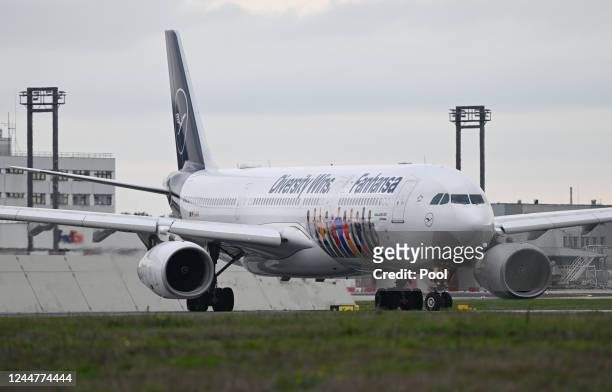 Lufthansa plane decorated with the lettering "Diversity Wins" with the German national football team on board departs from the airport in Frankfurt...