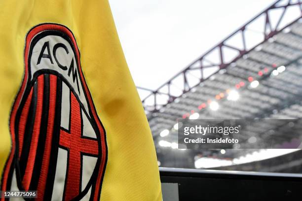 Milan logo is seen printed on a corner flag during the Serie A football match between AC Milan and AFC Fiorentina. Milan won 2-1 over Fiorentina.
