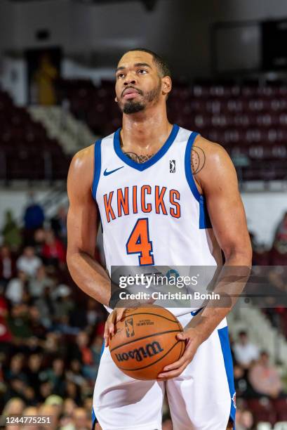 Garrison Brooks of the Westchester Knicks prepares to shoot a free throw during an NBA G League game against the Raptors 905 at the Paramount Fine...