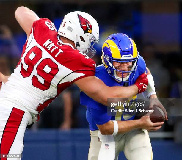 Los Angeles, CA Cardinals defensive end J.J. Watt sacks Rams backup quarterback John Wolford, #13, in the first half at SoFi Stadium, Los Angeles, CA...