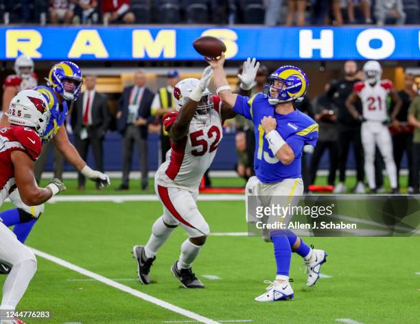 Los Angeles, CA Los Angeles, CA Rams backup quarterback John Wolford, #13, makes a fourth-quarter touchdown pass to wide receiver Van Jefferson as...