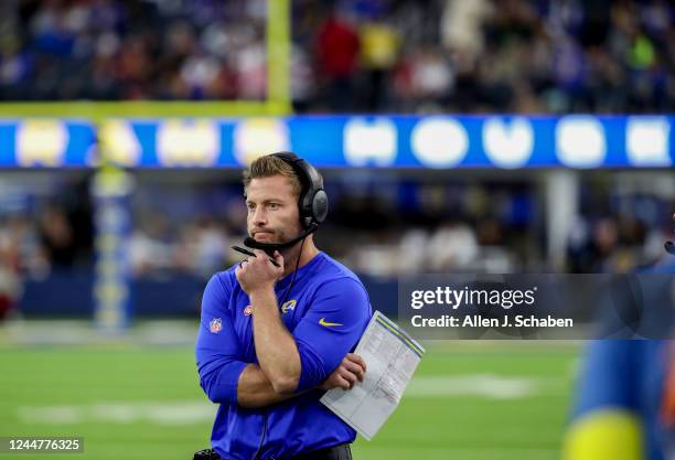 Los Angeles, CA Rams head coach Sean McVay watches the final seconds of action during the Rams 27-17 loss to the Arizona Cardinals at SoFi Stadium,...