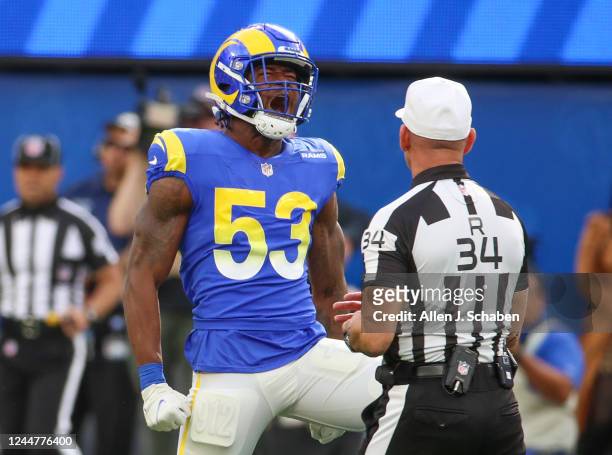 Los Angeles, CA Rams inside linebacker Ernest Jones, #53, celebrates a tackle in the first half against the Cardinals at SoFi Stadium, Los Angeles...