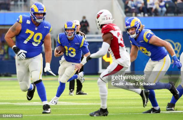 Los Angeles, CA Los Angeles, CA Rams backup quarterback John Wolford, #13, makes a first half run against the Cardinals at SoFi Stadium, Los Angeles,...