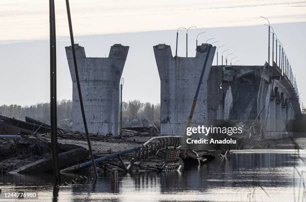 Antonovski Bridge, which is allegedly demolished to stop Ukrainian forces from crossing the Dnieper River as Russian forces withdrew to its left side...