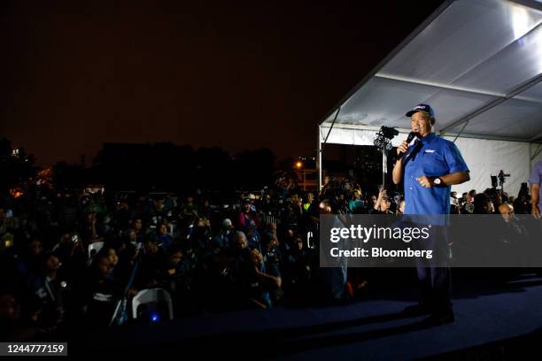 Muhyiddin Yassin, Malaysia's former prime minister and the leader of Perikatan Nasional party, speaks at a campaign rally in the Taman Keramat...