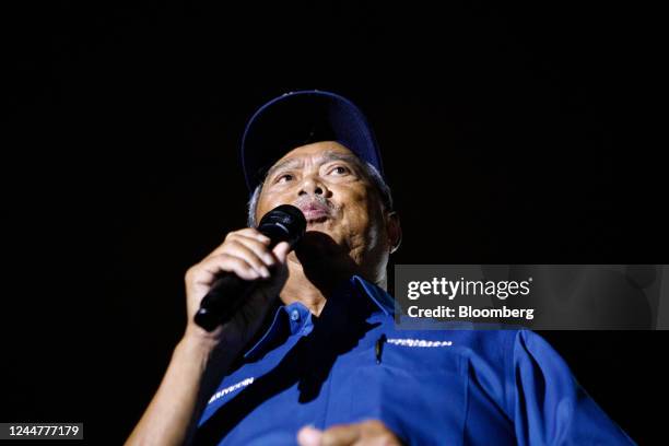 Muhyiddin Yassin, Malaysia's former prime minister and the leader of Perikatan Nasional party, speaks at a campaign rally in the Taman Keramat...