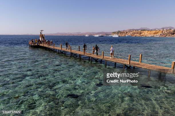 Tourist walk on a pier to enjoy diving to watch corals at the resort town of Sharm El Sheikh on Red Sea coast in South Sinai, Egypt on November 14,...