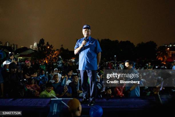 Muhyiddin Yassin, Malaysia's former prime minister and the leader of Perikatan Nasional party, speaks at a campaign rally in the Taman Keramat...