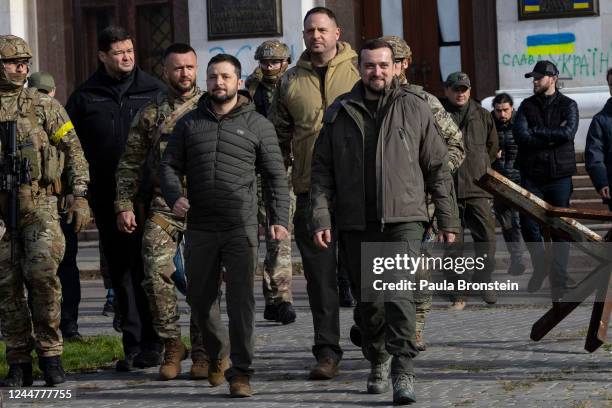 Ukrainian President Volodymyr Zelensky makes a surprise visit to Kherson on November 14, 2022 in Kherson, Ukraine. Zelensky wanted to offer support...