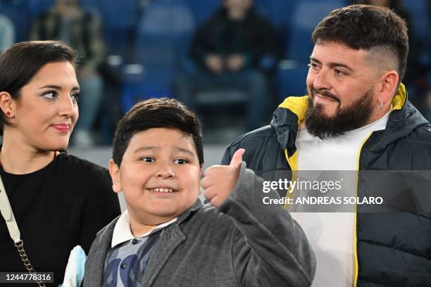 The children of late Argentininan player Diego Maradona Jana, Diego Fernando and Diego Maradona Junior attend a friendly tribute "match for peace" in...