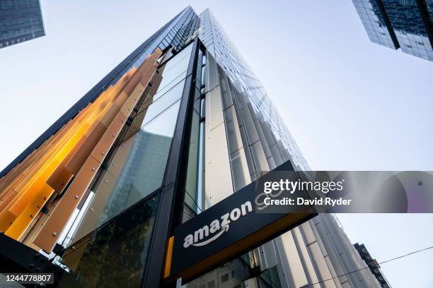 Sign for an Amazon Go retail store is seen at the Amazon.com Inc. Headquarters on November 14, 2022 in Seattle, Washington. Large scale layoffs are...