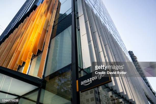 Sign for an Amazon Go retail store is seen at the Amazon.com Inc. Headquarters on November 14, 2022 in Seattle, Washington. Large scale layoffs are...