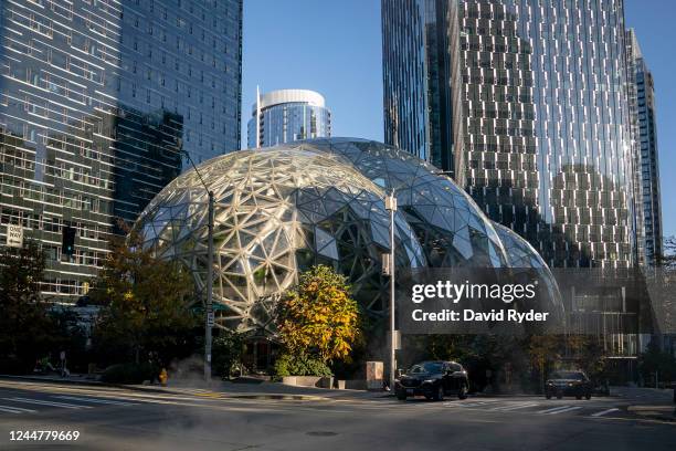 The exterior of The Spheres is seen at the Amazon.com Inc. Headquarters on November 14, 2022 in Seattle, Washington. Large scale layoffs are expected...