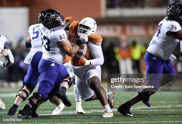 Texas Longhorns DT Keandre Coburn battles with TCU Horned Frogs lineman John Lanz during Big 12 football game between the TCU Horned Frogs and the...