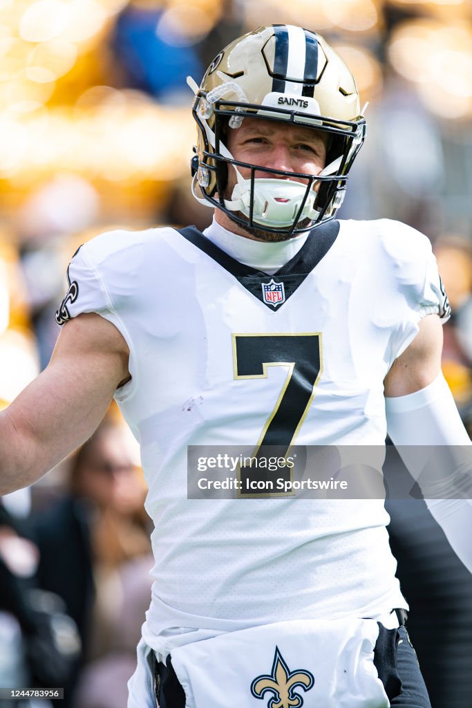 New Orleans Saints tight end Taysom Hill looks on during the national