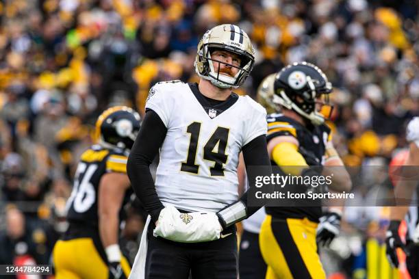 New Orleans Saints quarterback Andy Dalton rolls his eyes during the national football league game between the New Orleans Saints and the Pittsburgh...