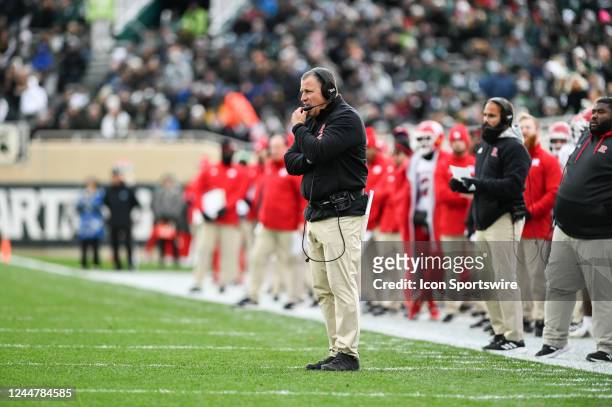 Rutgers Scarlet Knights head coach Greg Schiano watches his team during a college football game between the Michigan State Spartans and Rutgers...