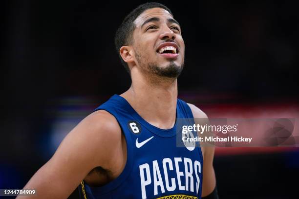 Tyrese Haliburton of the Indiana Pacers is seen during the game against the Toronto Raptors at Gainbridge Fieldhouse on November 12, 2022 in...