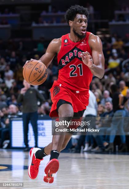 Thaddeus Young of the Toronto Raptors brings the ball up court during the game against the Indiana Pacers at Gainbridge Fieldhouse on November 12,...