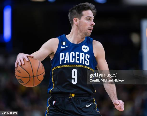 McConnell of the Indiana Pacers brings the ball up court during the game against the Toronto Raptors at Gainbridge Fieldhouse on November 12, 2022 in...