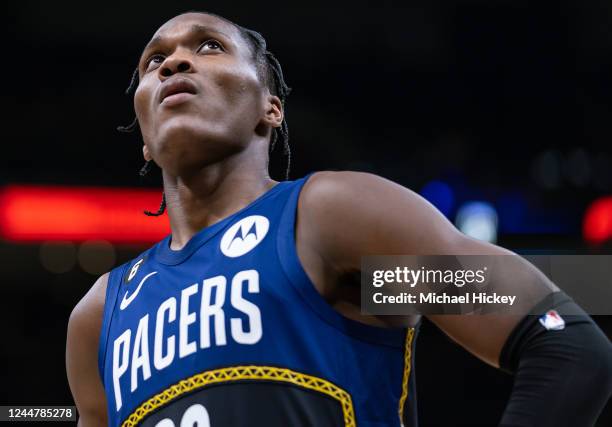 Bennedict Mathurin of the Indiana Pacers is seen during the game against the Toronto Raptors at Gainbridge Fieldhouse on November 12, 2022 in...