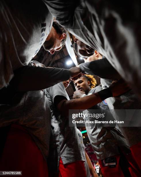 The Houston Rockets huddle prior to the game against the LA Clippers at the Toyota Center on November 14, 2022 in Houston, Texas. NOTE TO USER: User...