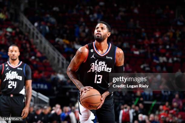 Paul George of the LA Clippers prepares to shoot a free throw during the game against the Houston Rockets on November 14, 2022 at the Toyota Center...