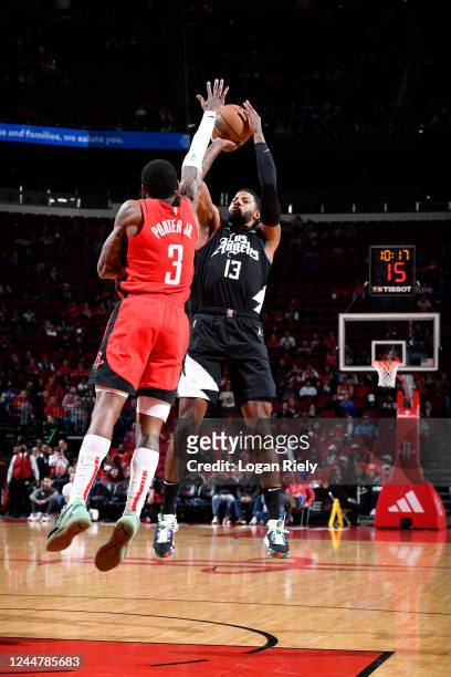 Paul George of the LA Clippers shoots the ball during the game against the Houston Rockets on November 14, 2022 at the Toyota Center in Houston,...