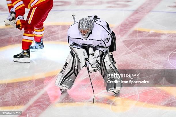 Los Angeles Kings Goalie Jonathan Quick warms up before an NHL game between the Calgary Flames and the Los Angeles Kings on November 14 at the...