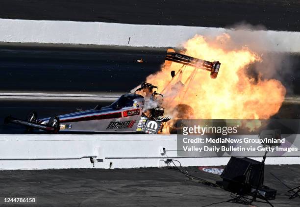 Pomona, CA Top Fuel driver Leah Pruett explodes the engine in her dragster during the opening round of eliminations at the season-ending 57th annual...