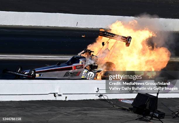 Pomona, CA Top Fuel driver Leah Pruett explodes the engine in her dragster during the opening round of eliminations at the season-ending 57th annual...