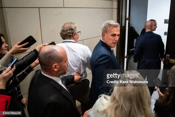 House Minority Leader Kevin McCarthy speaks with reporters as he leaves a House Republican Caucus Meeting for the House Floor on Capitol Hill on...