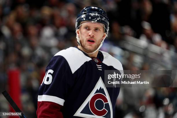 Mikko Rantanen of the Colorado Avalanche looks on during a pause in play against the St. Louis Blues at Ball Arena on November 14, 2022 in Denver,...