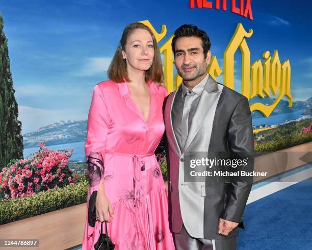 Emily V. Gordon and Kumail Nanjiani at the premiere of "Glass Onion: A Knives Out Mystery" held at the Academy Museum on November 14, 2022 in Los...
