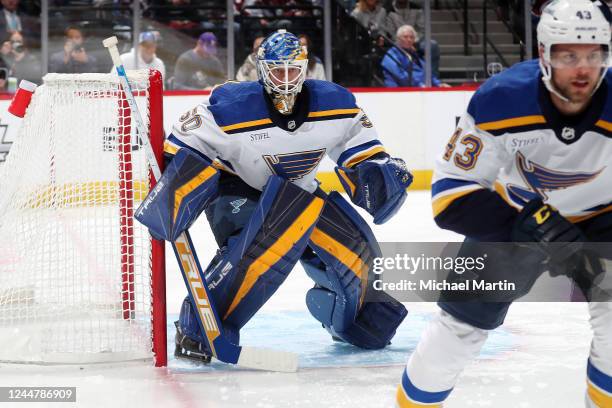 Goaltender Jordan Binnington of the St. Louis Blues defends against the Colorado Avalanche at Ball Arena on November 14, 2022 in Denver, Colorado.