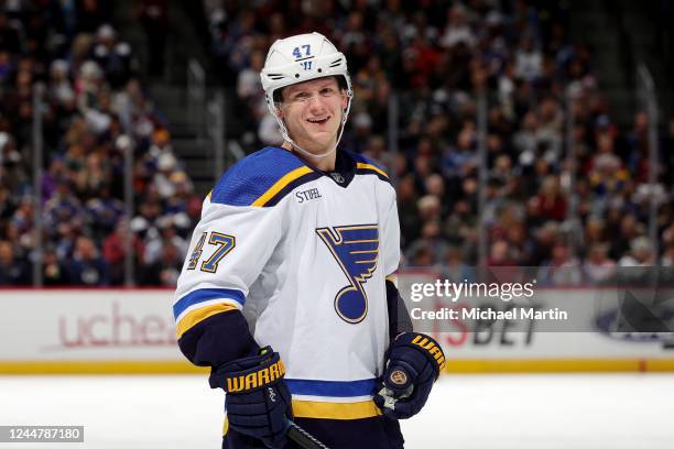 Torey Krug of the St. Louis Blues looks on during a pause in play against the Colorado Avalanche at Ball Arena on November 14, 2022 in Denver,...