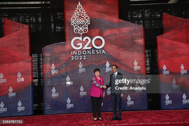 Managing Director Kristalina Georgievaâââââââ is welcomed by Indonesia's President Joko Widodo upon arrival for the G20 leaders' summit in Nusa Dua,...